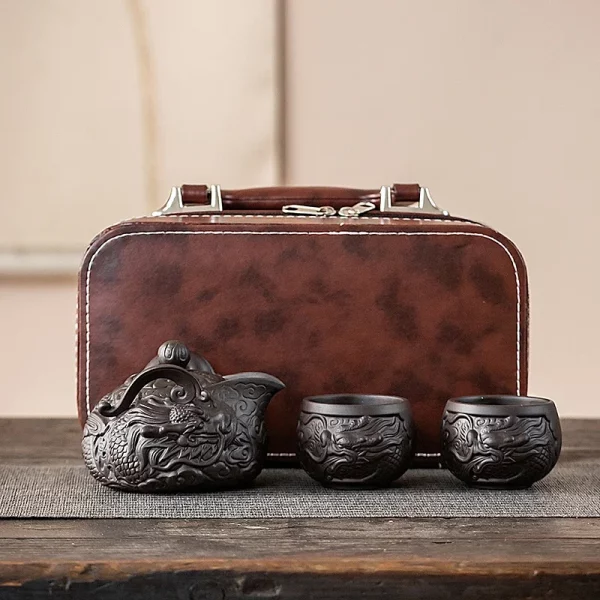 Dragon Teapot Portable Kung Fu Tea Set [1 Teapot + 2 Cups Set] Chinese Porcelain Tea Sets Ceramic Yixing Purple Clay Kettle