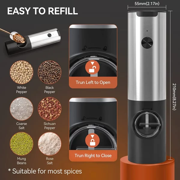 Rechargeable Electric Salt And Pepper Grinder Set with Charging Base Stainless Steel Automatic Salt Pepper Grinder Spice Mill - Image 2